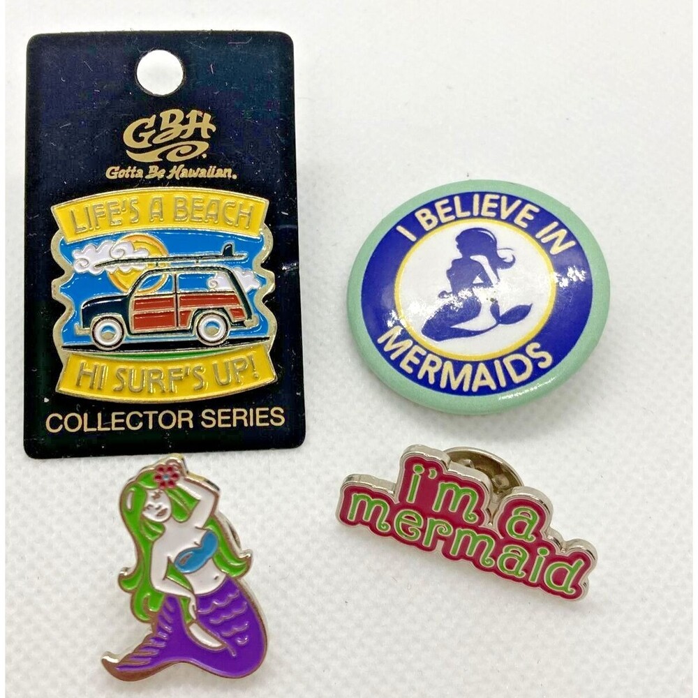 Mermaid Lot of 4 Enamel Pins Buttons I Believe in‎ Mermaids Surf's Up Whimsical